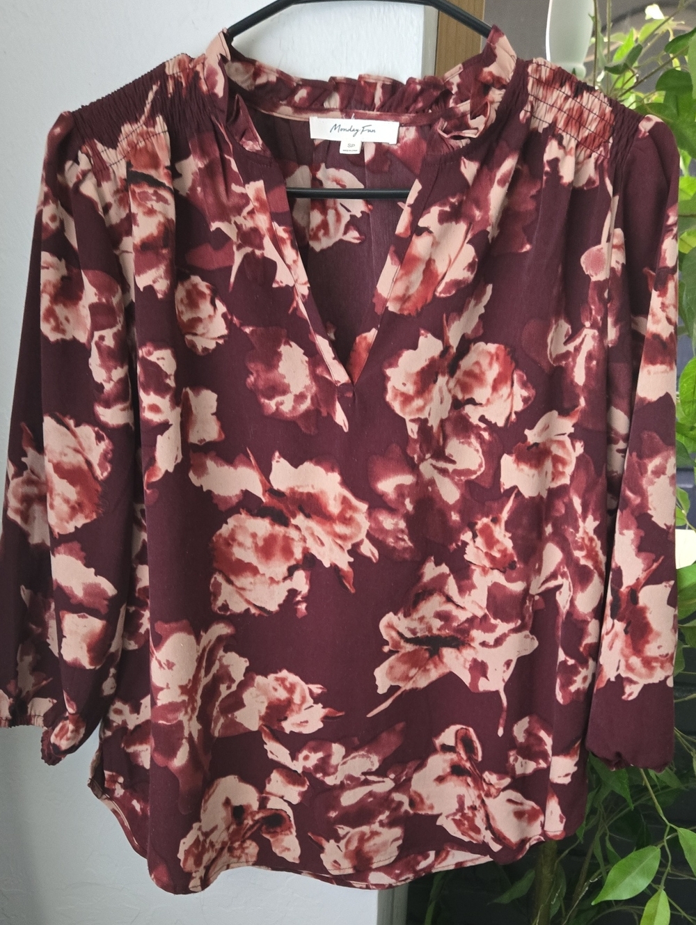 Women's Burgundy Floral V-Neck Blouse
